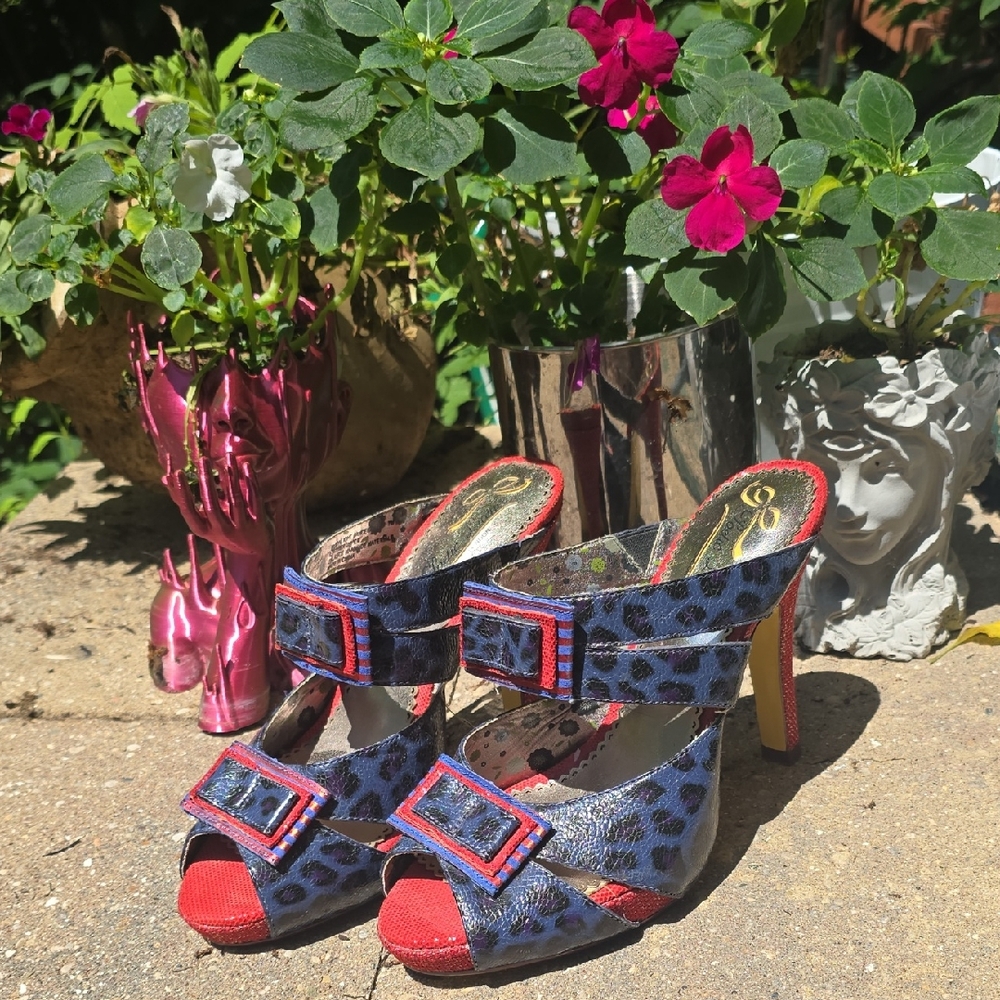 Poetic Licence London Blue Leopard Red Buckle Heels Size 7 (EUR 38)
